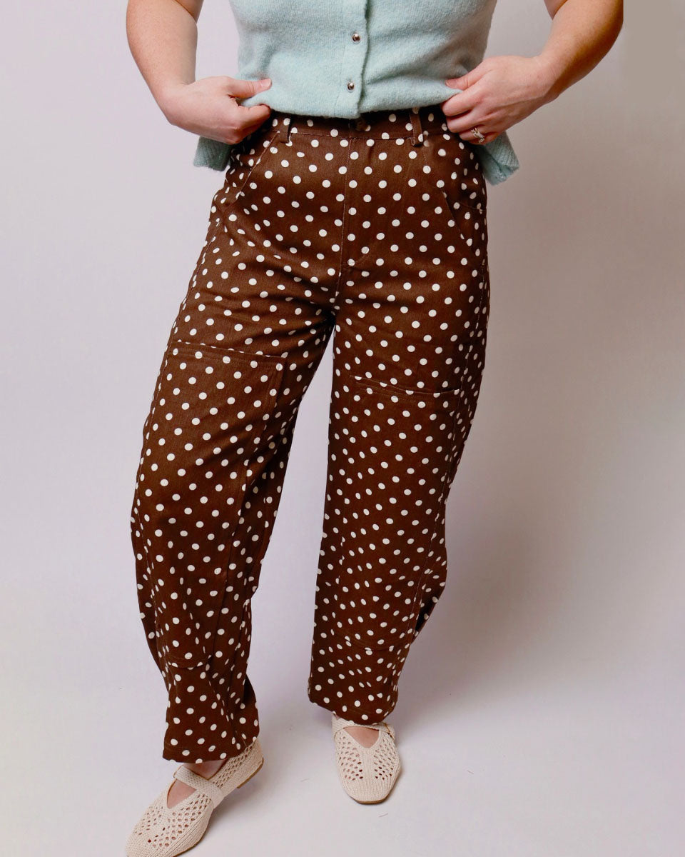 Sutton Polka Dot Print Twill High Rise Barrel Pants