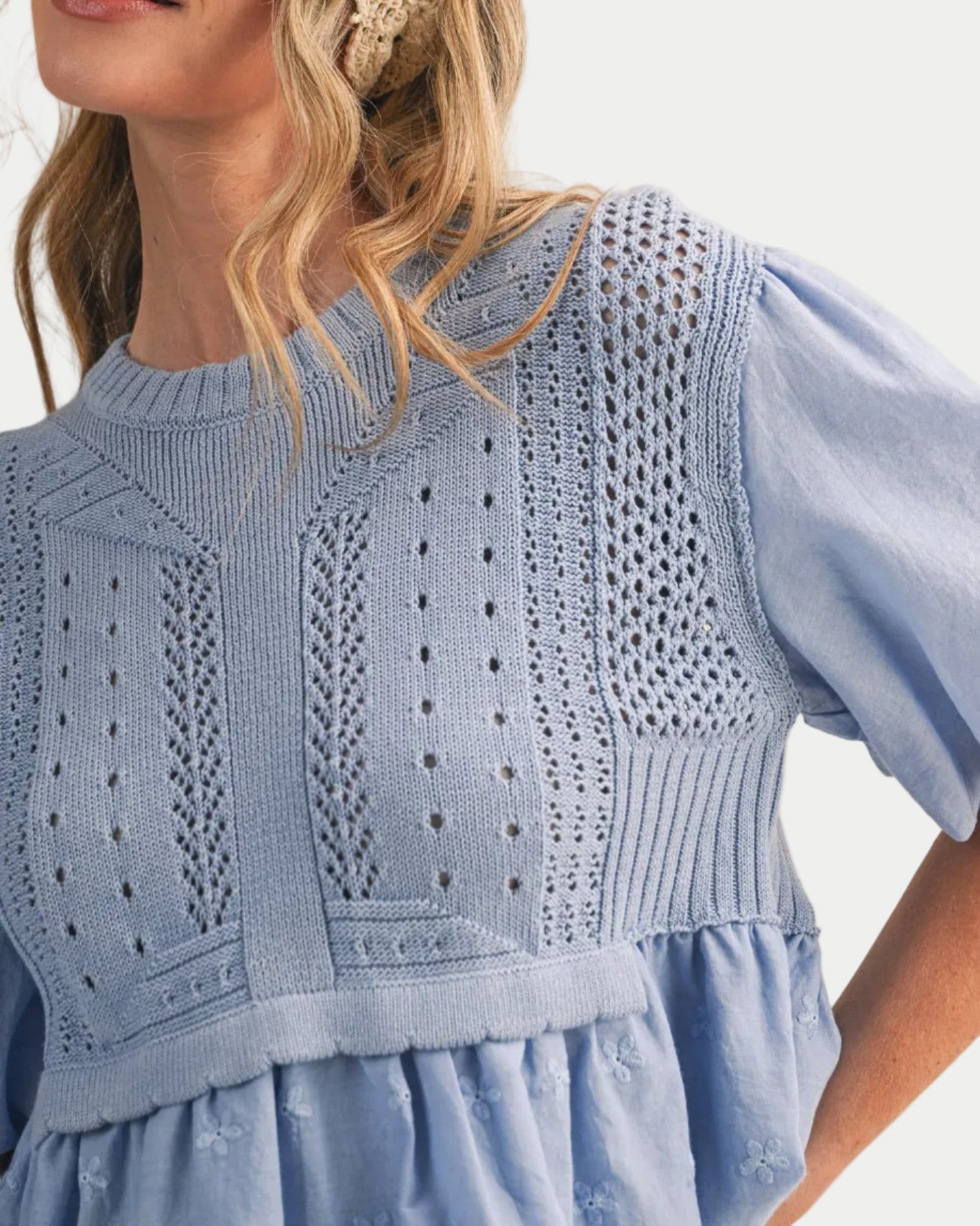 MIXED MEDIA BUBBLE SLEEVE SWEATER TOP MSW11266 - Blackbird Boutique