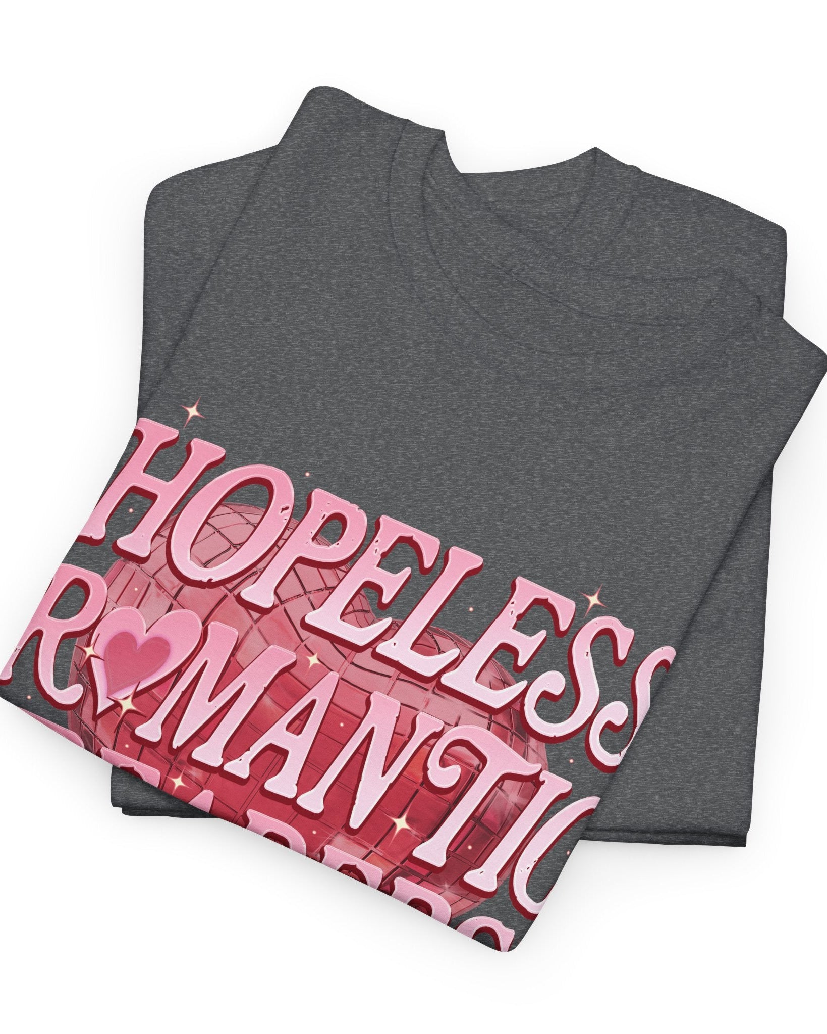 Folded dark gray t-shirt with 'HOPELESS ROMANTIC' text in pink on a white background