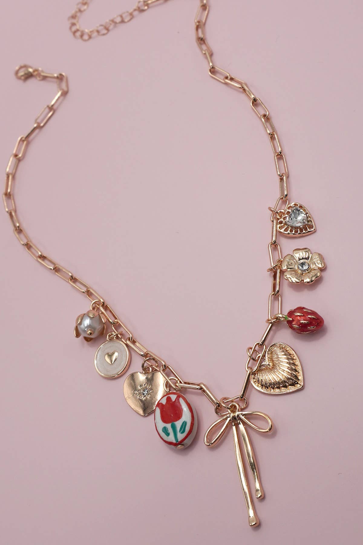 CHARM NECKLACE-BOW TOILE FLORAL HEART RHINESTONE