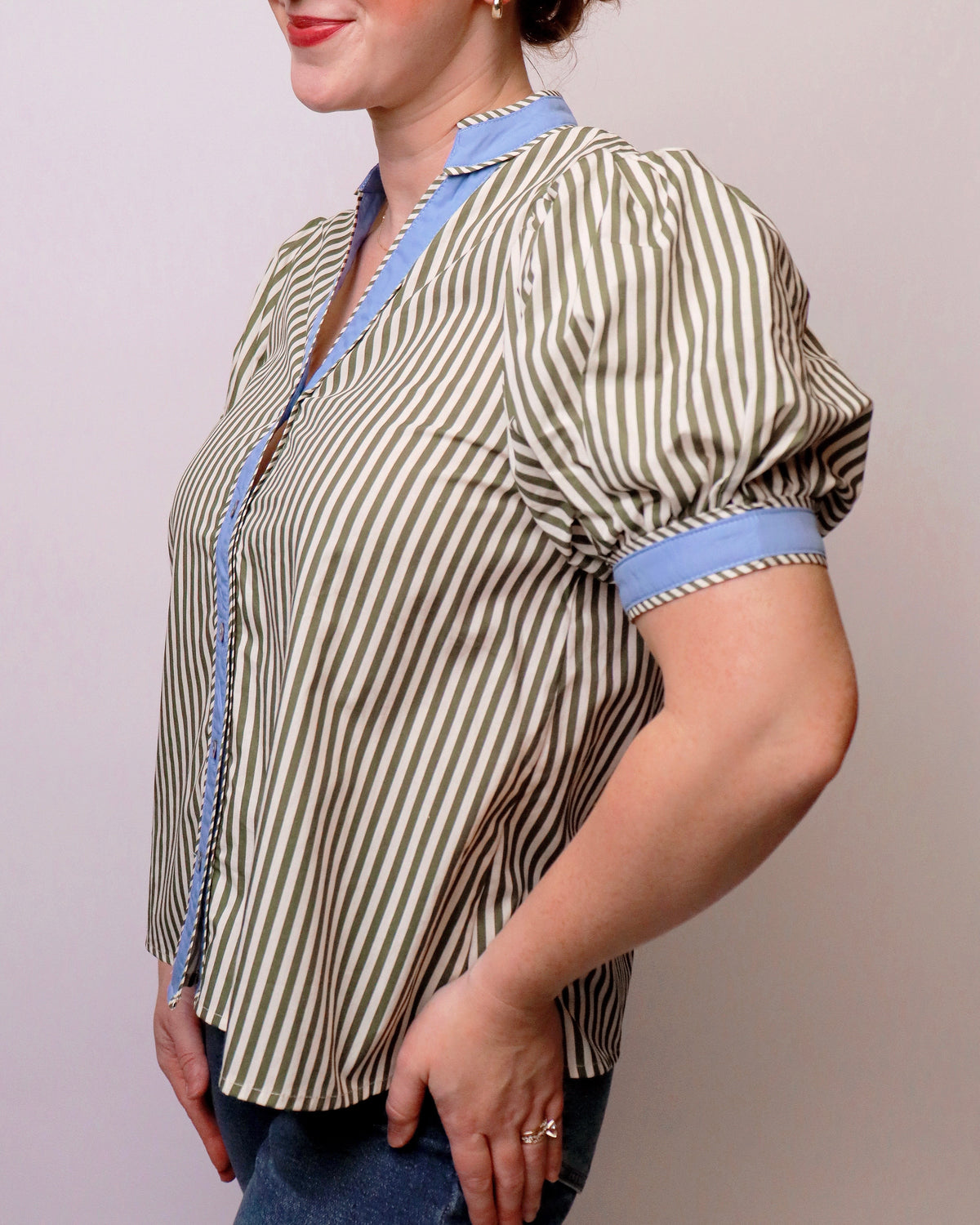 Wilma Striped Puffed Short Sleeve Top in Green