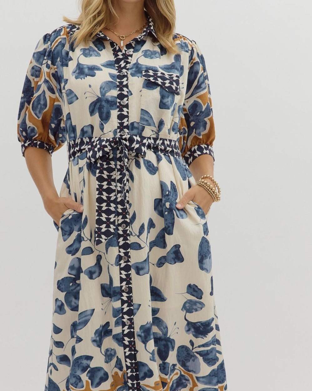 Botanical Print Midi Shirt Dress