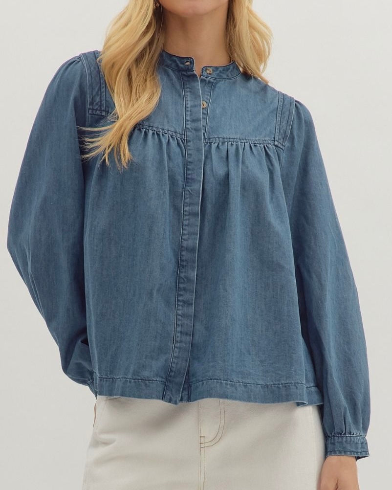 Long Sleeve Button Front Denim Top - Blackbird Boutique
