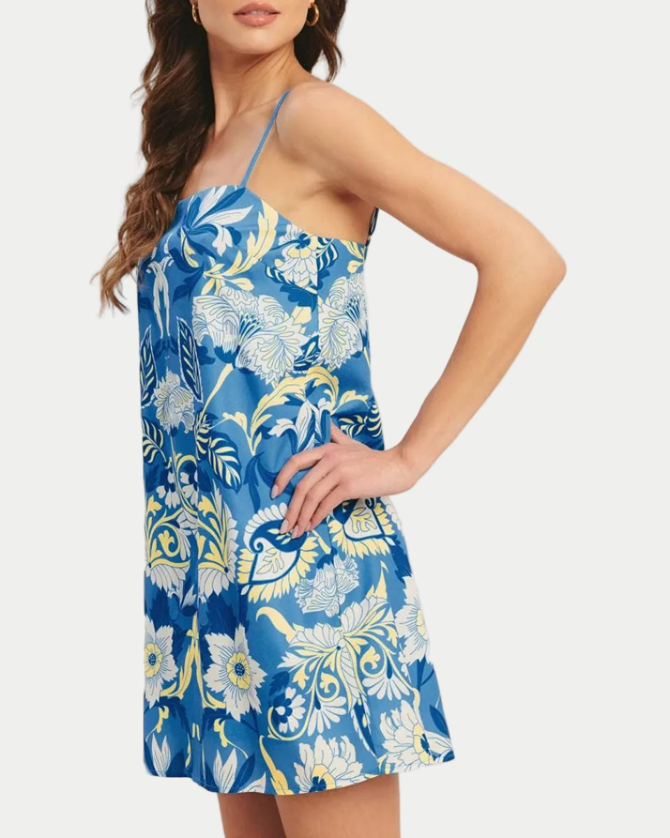Blue floral Mini Dress -Side View - Blackbird Boutique