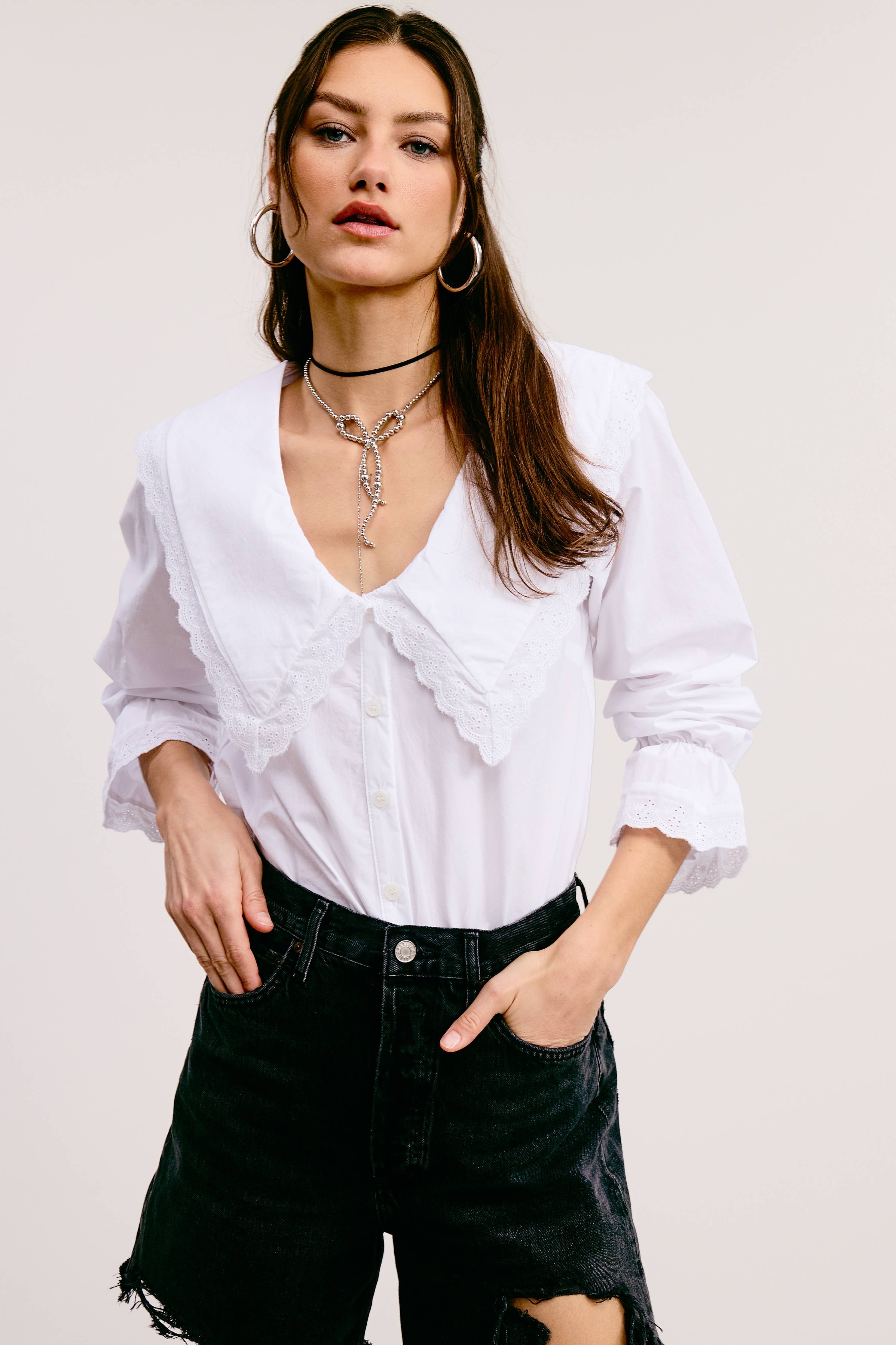 Button Down Blouse with Oversized Collar - Blackbird Boutique