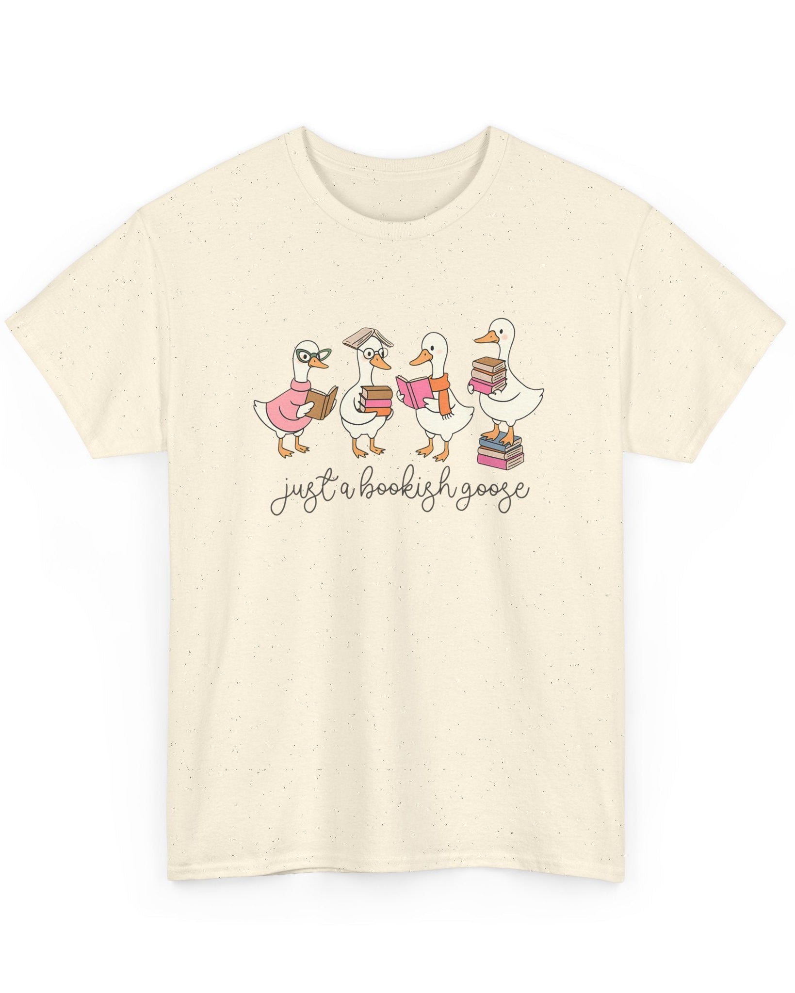 Beige t-shirt with cartoon geese and text on a white background