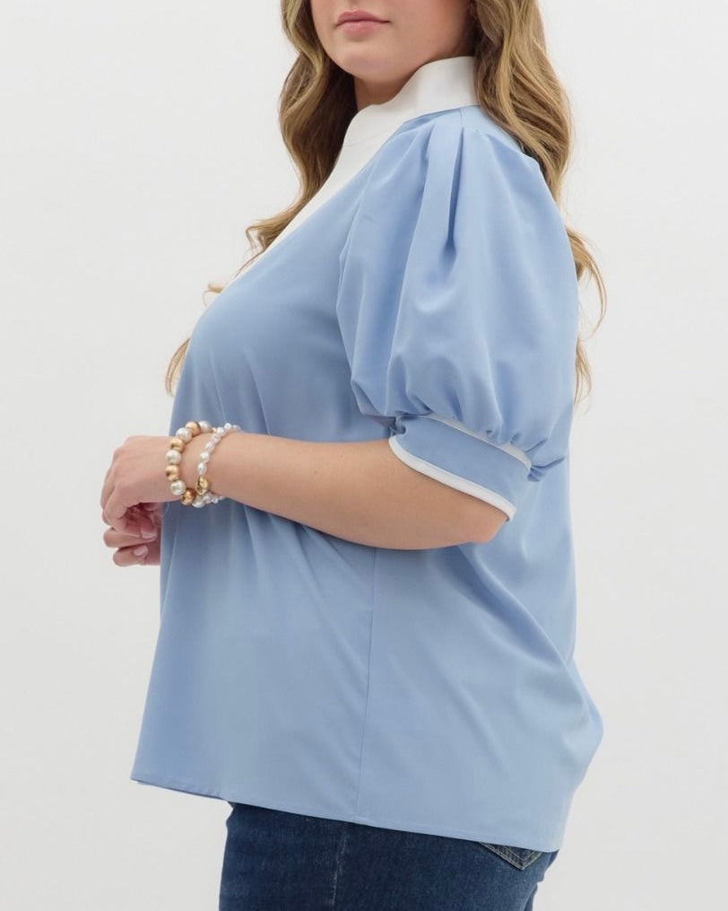 PLUS Blue With White Trim Blouse - Blackbird Boutique