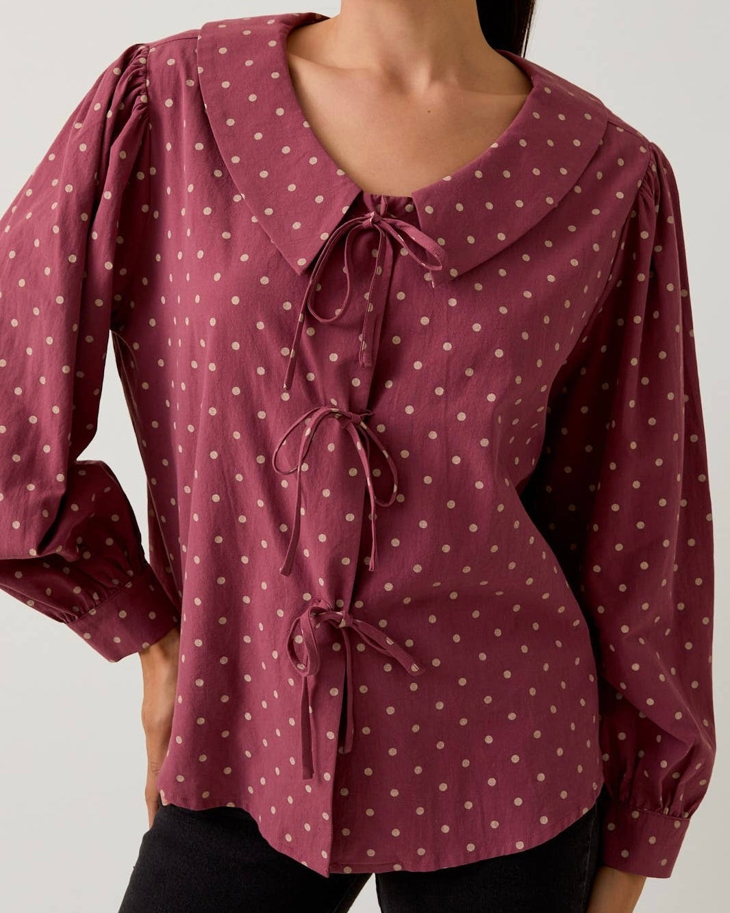 Front Tie Long Sleeve Polka Dot Shirt - Blackbird Boutique