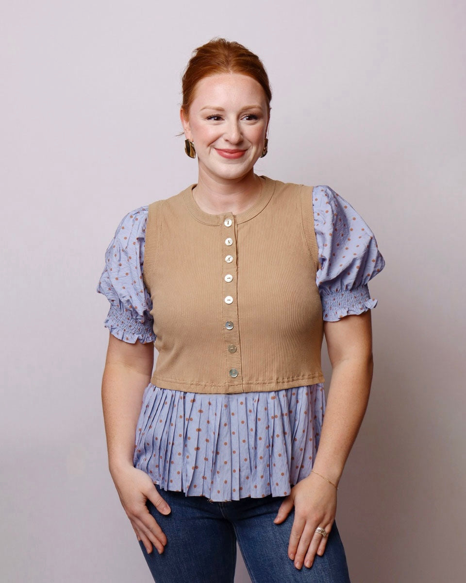 Alice Polka Dot Short Puff Sleeve Top With Rib Knit Bodice in Camel/Blue