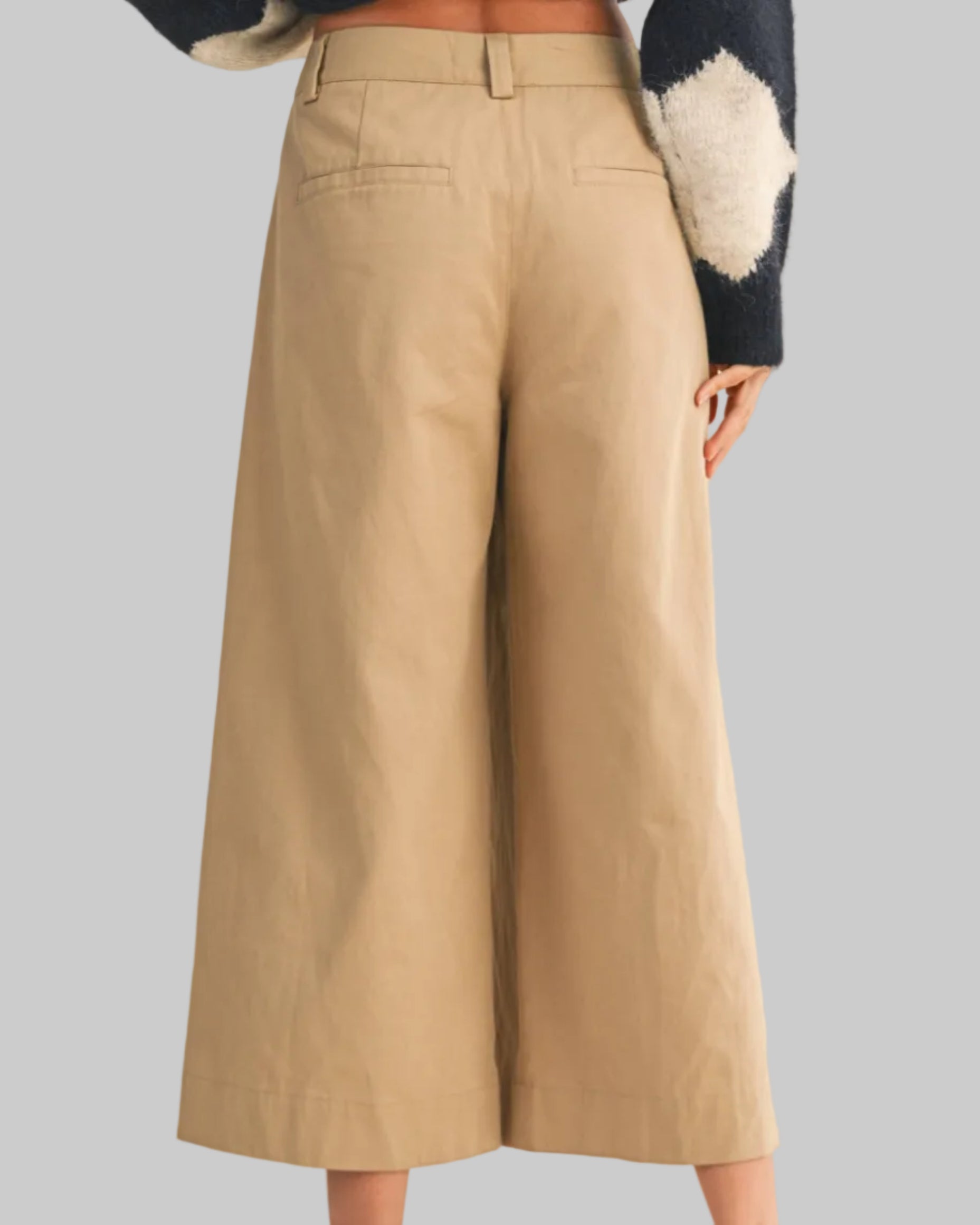 Person wearing beige wide-leg pants on a beige background