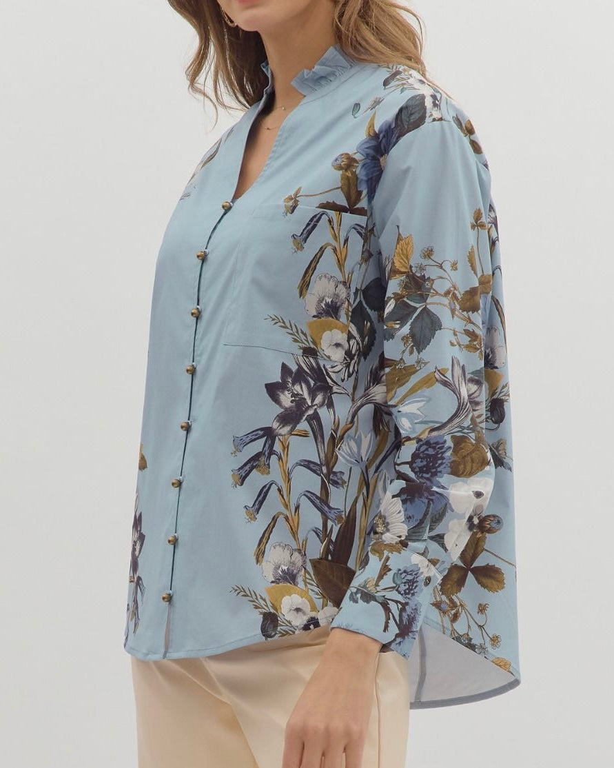 Cotton Top With Floral Accent Long Sleeves - Blackbird Boutique