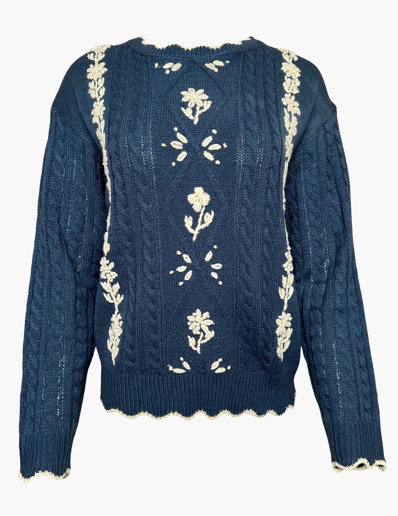 Floral Embroidered Cable Knit Sweater