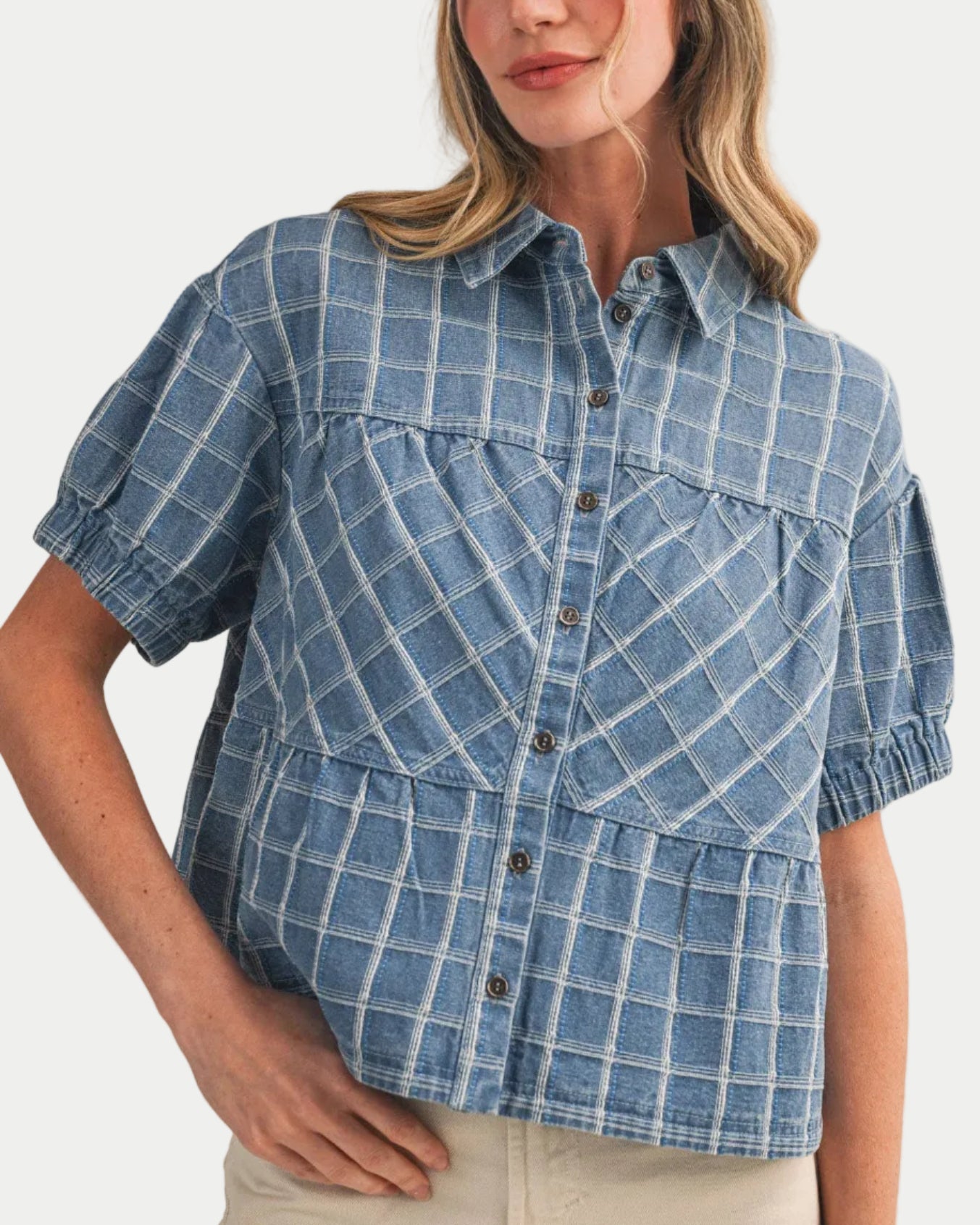 CHECKERED DENIM BUTTON DOWN TOP - Blackbird Boutique