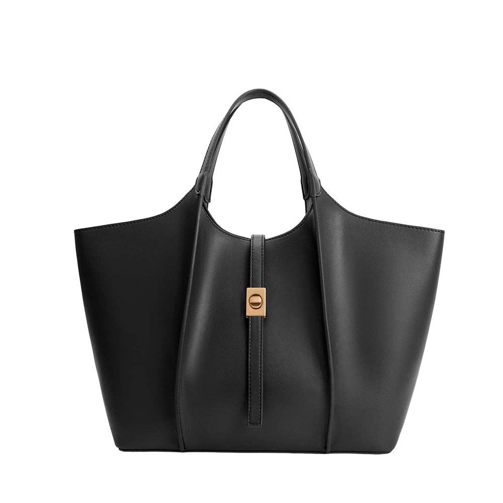 Black handbag with a gold clasp on a white background