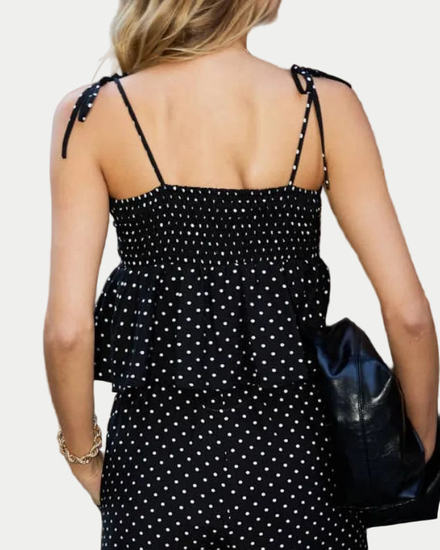 SQUARE NECK SPAGHETTI TIE SHOULDER STRAP PEPLUM TOP - Blackbird Boutique back view