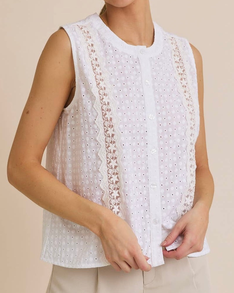 Round Neck Lace Detail Eyelet Top - Blackbird Boutique