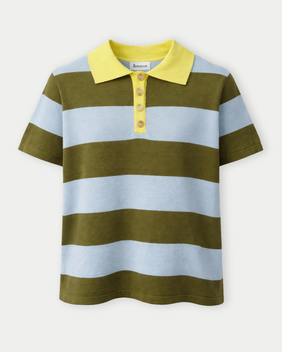 Striped polo shirt with yellow collar and buttons on a white background