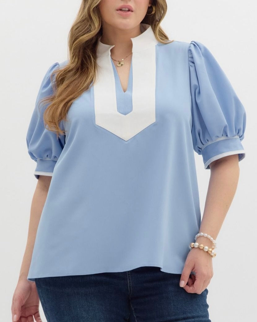 PLUS Blue With White Trim Blouse - Blackbird Boutique