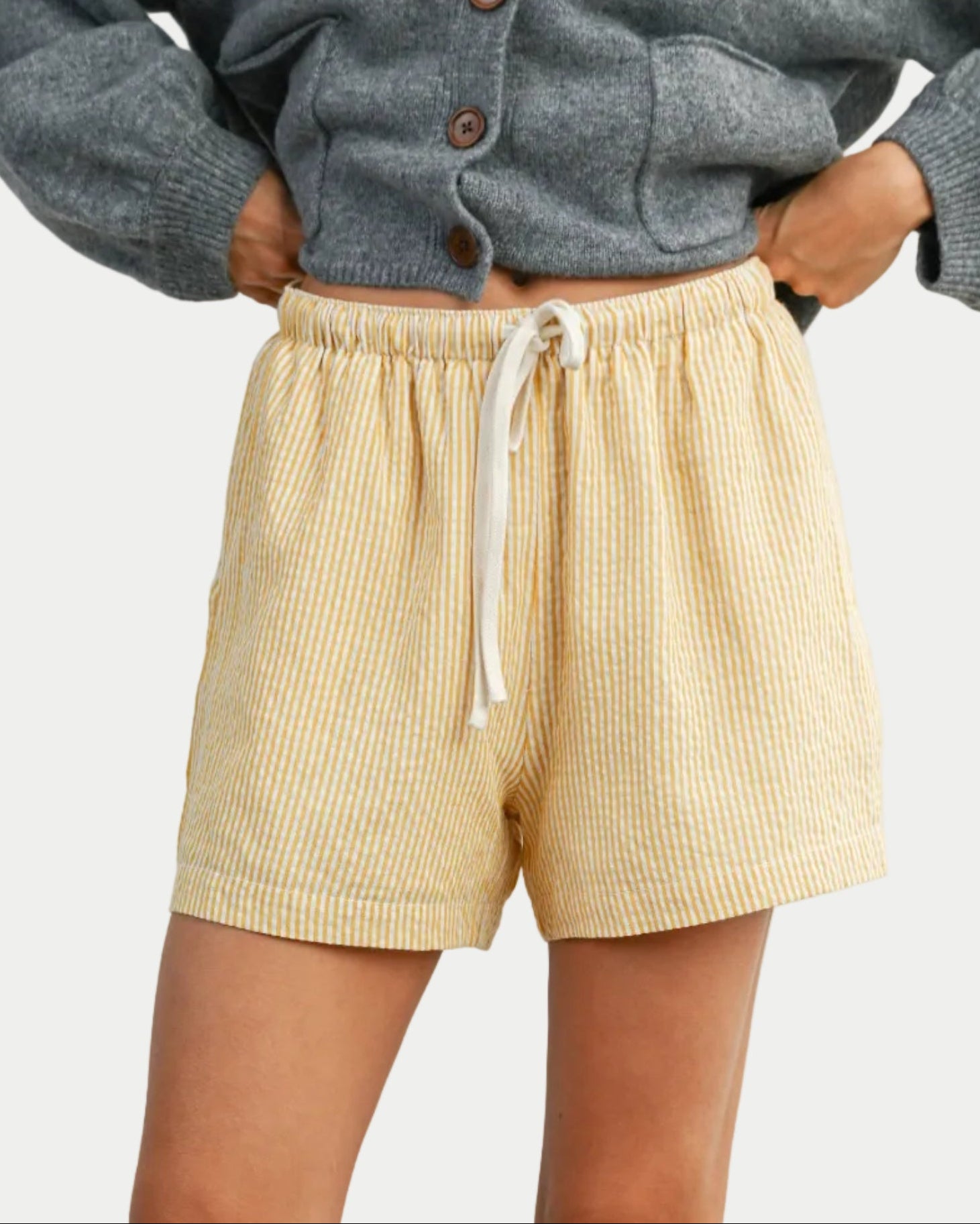 Casual Striped Drawstring Shorts IN YELLOW ON A MODEL WITH A WHITE BACKGROUND - Blackbird Boutique