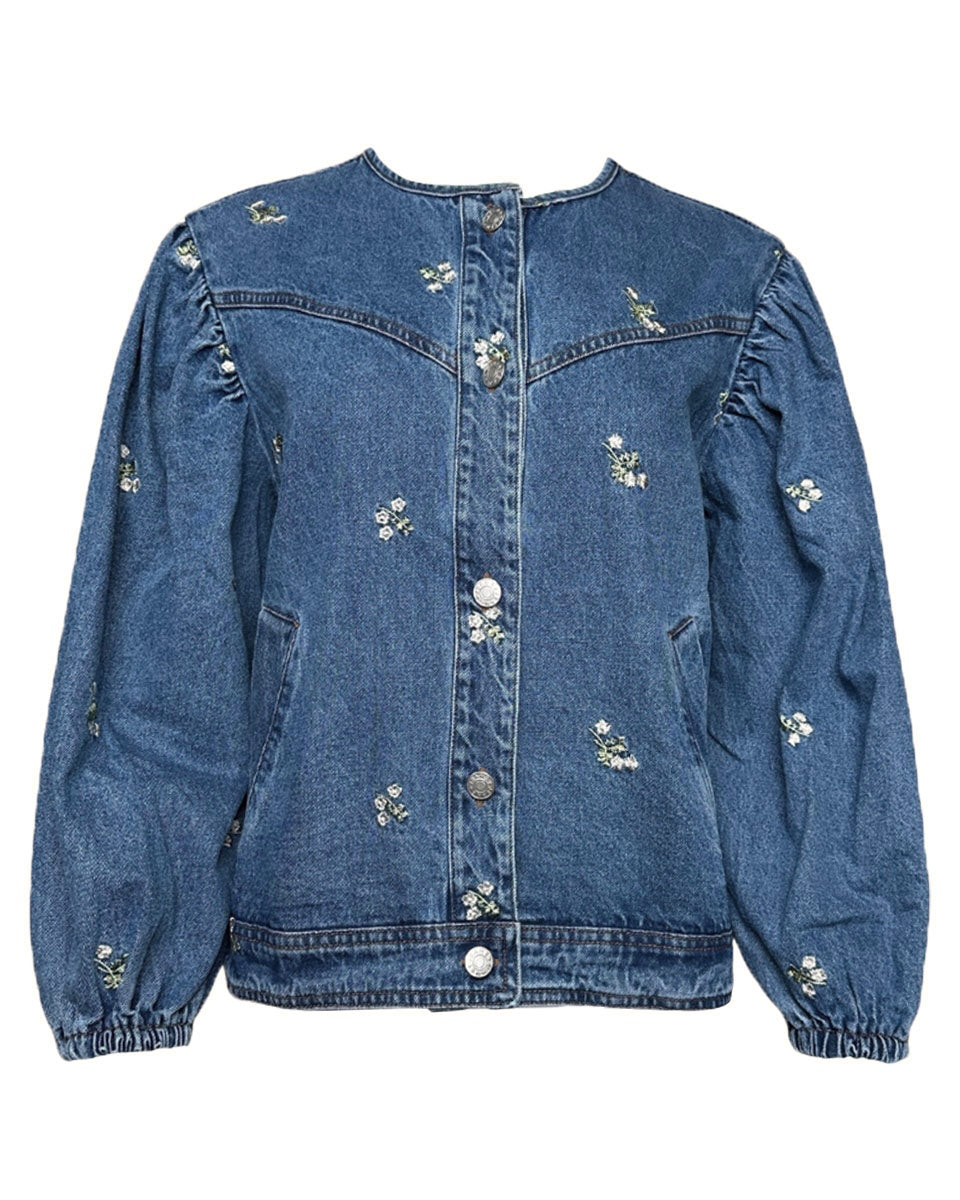 Embroidered Round Neck Denim Jacket - Blackbird Boutique