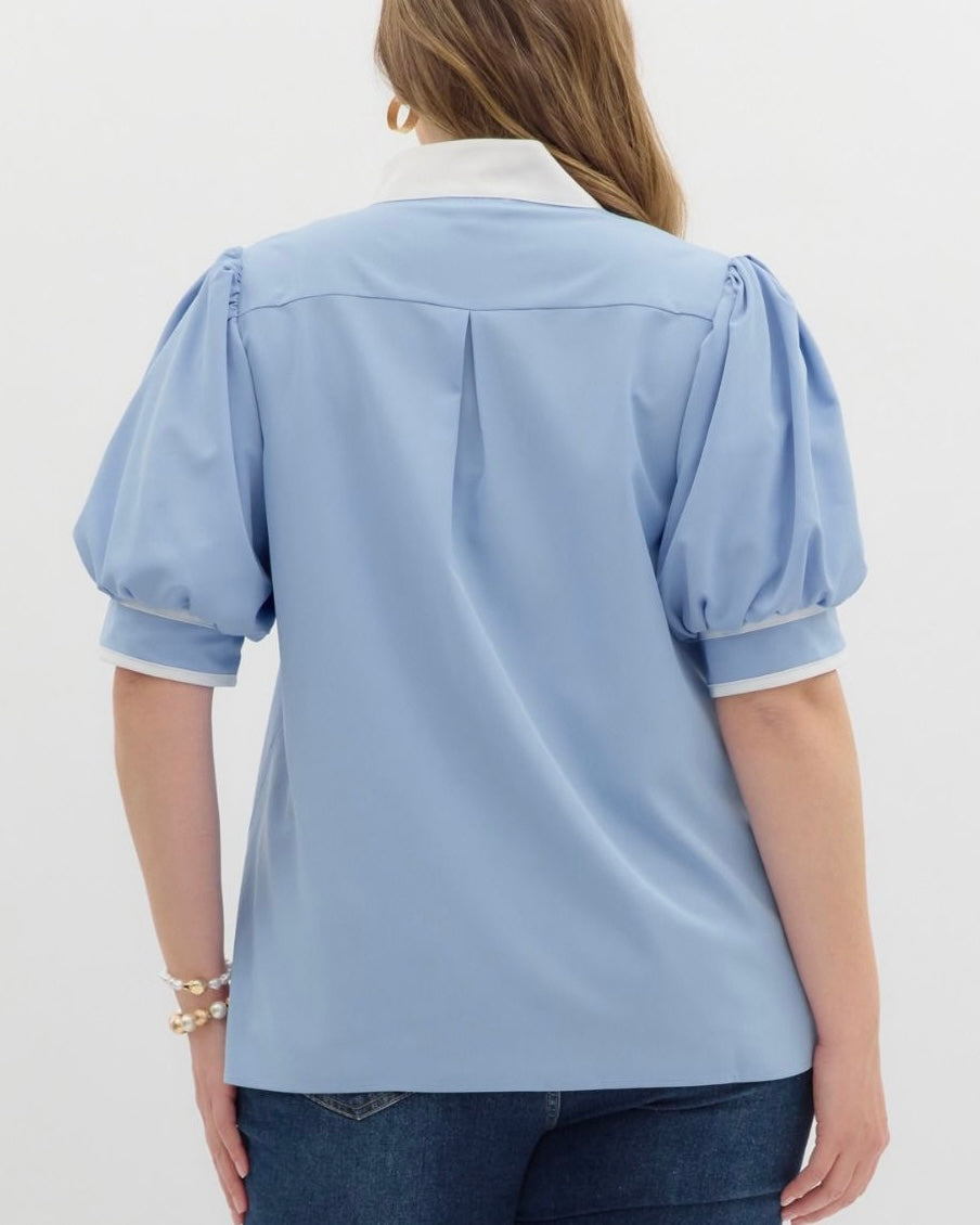 PLUS Blue With White Trim Blouse - Blackbird Boutique