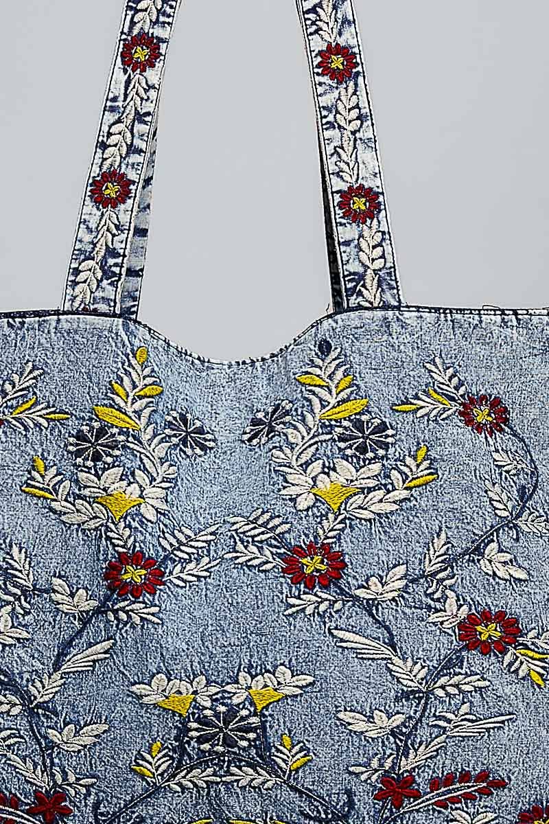 Patch Pocket Embroidered Straps Textured Woven Tote Bag