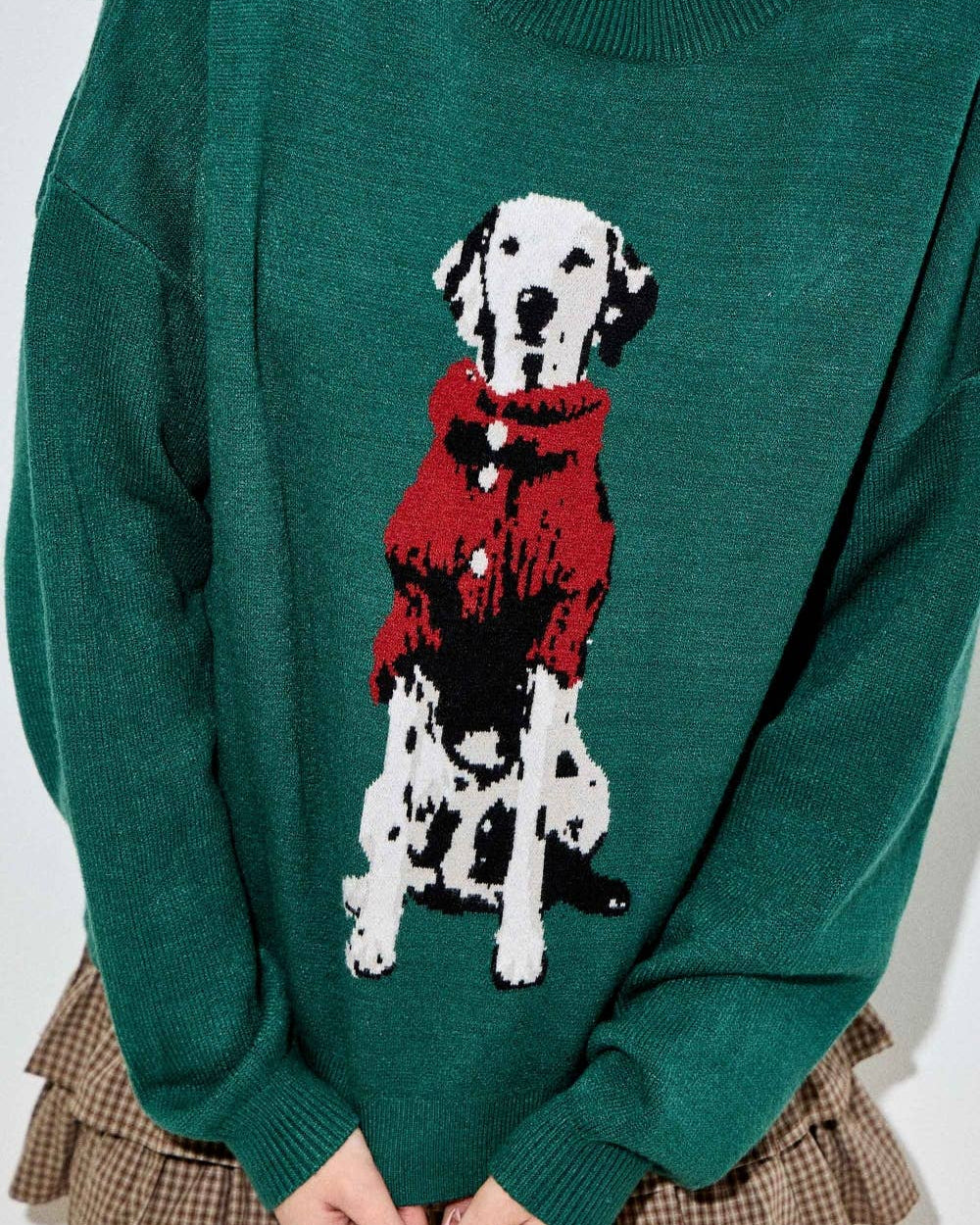 Green sweater with a dog design worn by a person