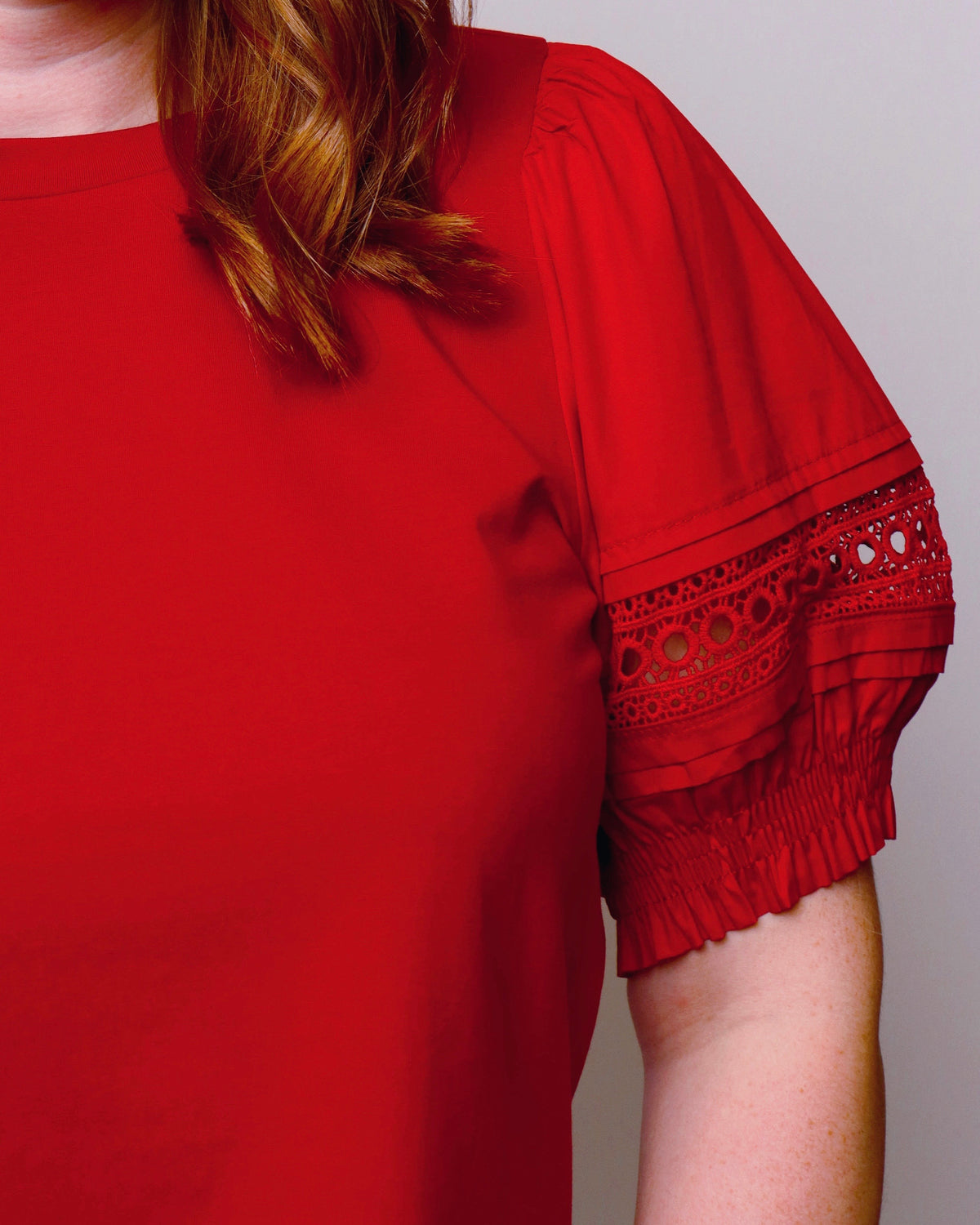 Florence Lace Accent Puff Sleeve Top in Deep Red