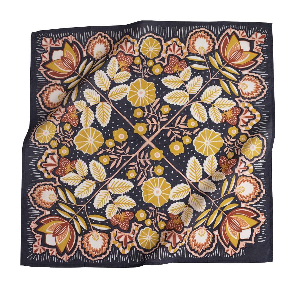 Floral patterned fabric square with a dark background