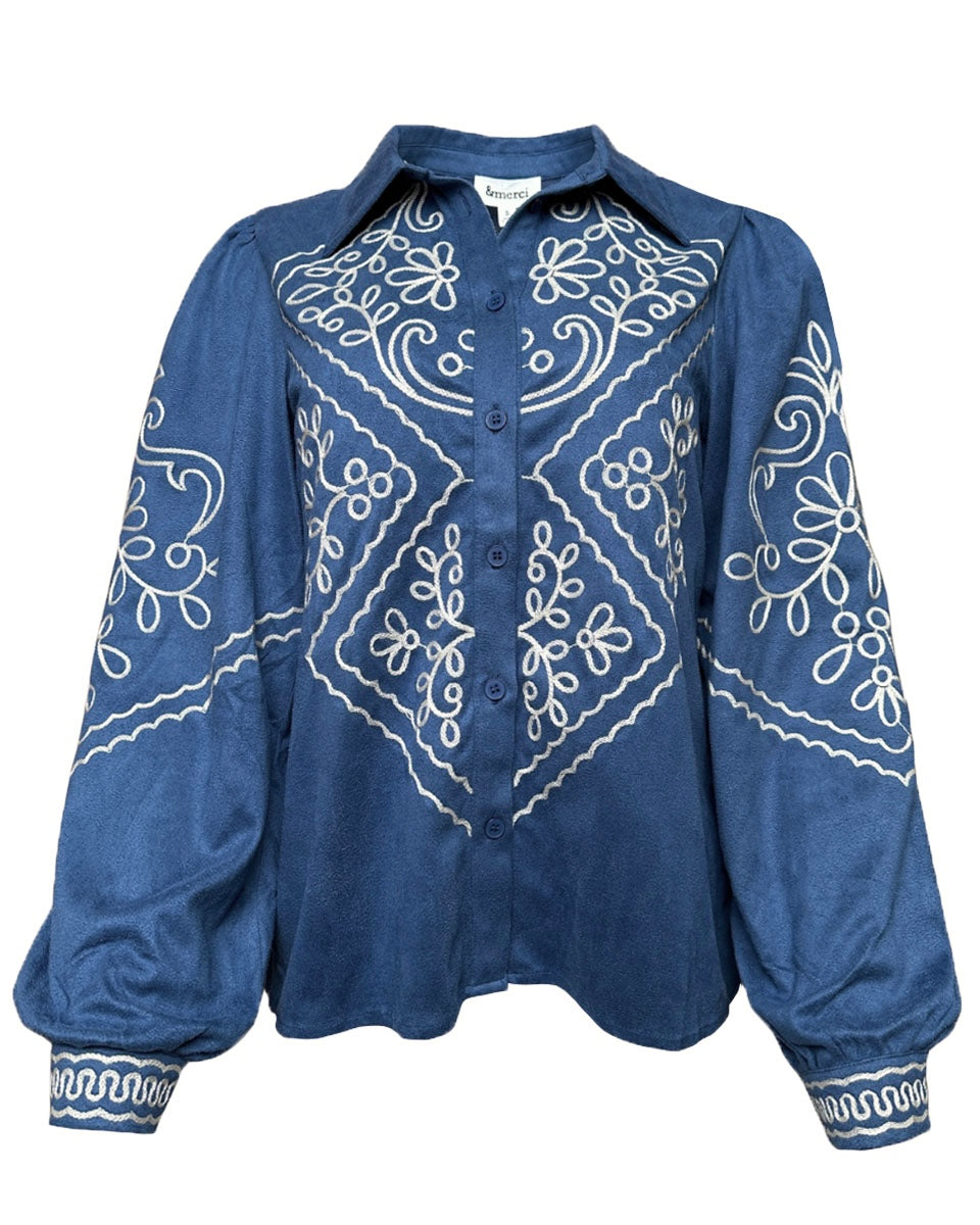 Embroidered Suede Feel Button Front Top