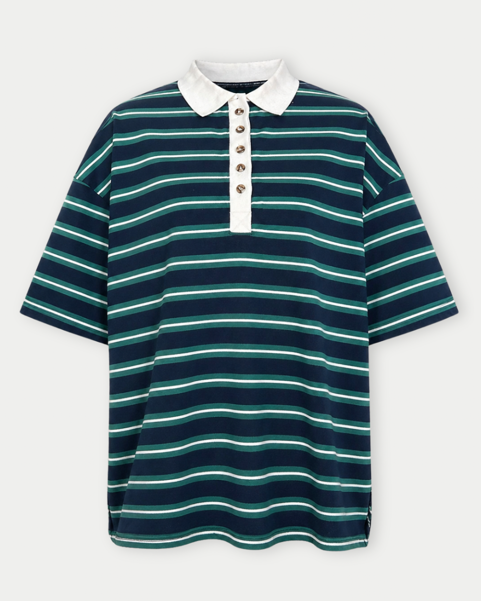 Navy and green striped polo shirt with white collar on a light gray background