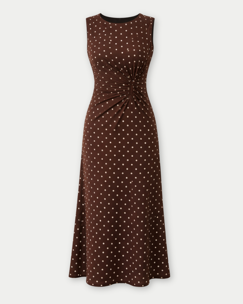 ROUND NECK GATHERED SIDE KNOT POLKA DOT MIDI DRESS - Blackbird Boutique