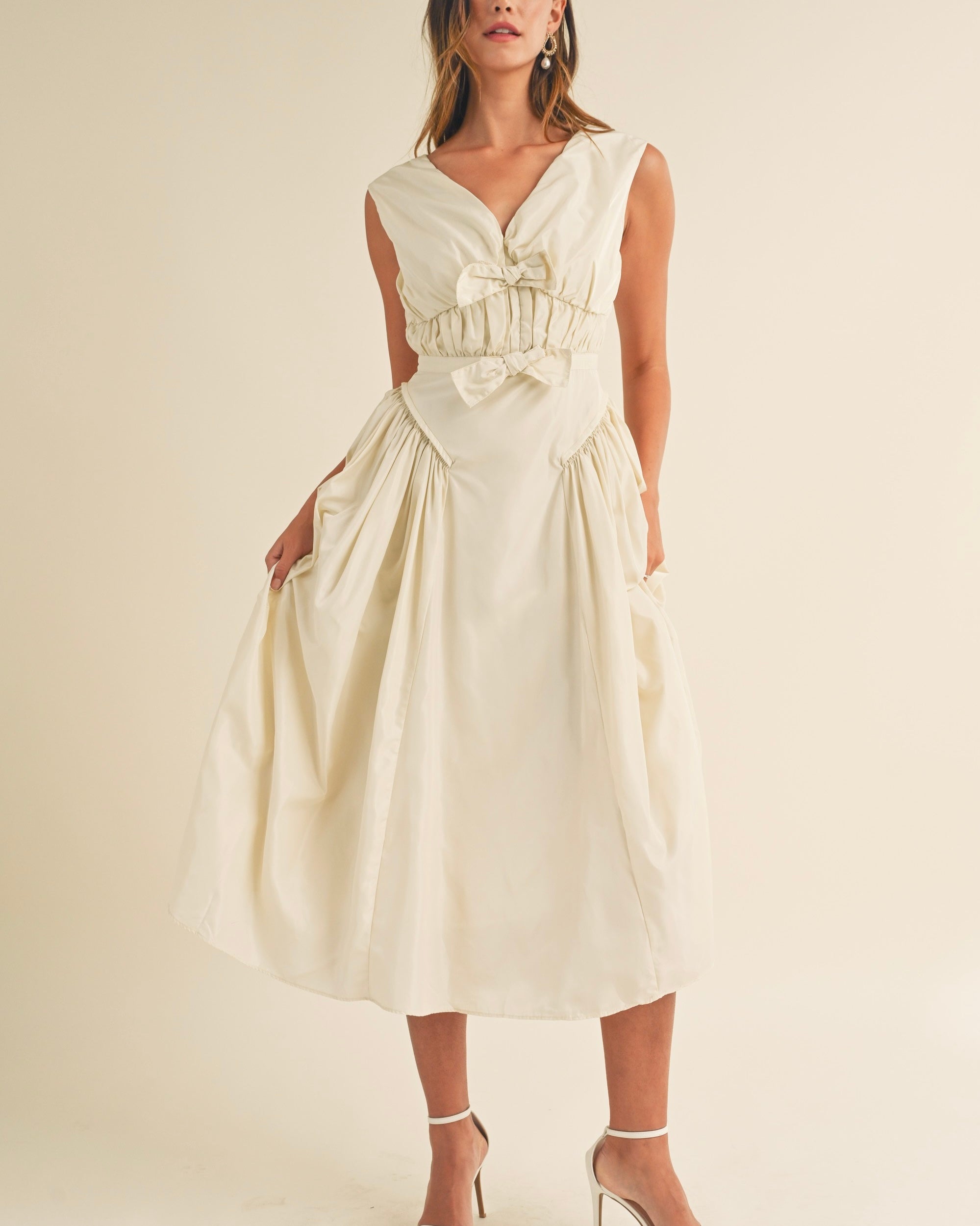 Ribbon Detail Midi Dress in Cream - Blackbird Boutique