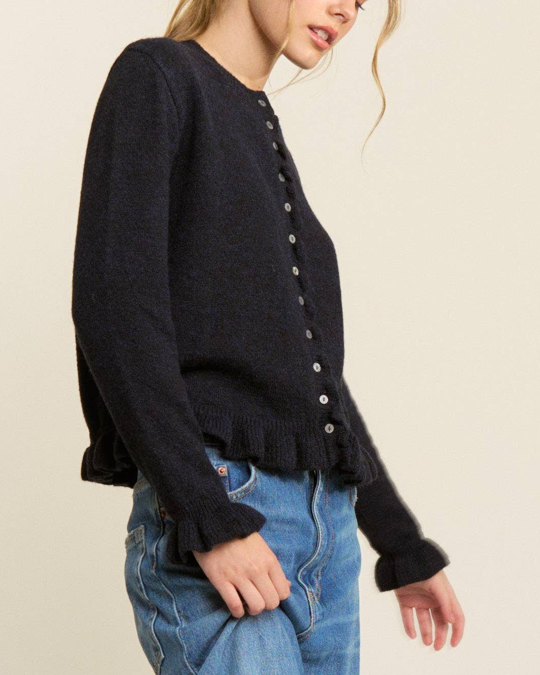 Navy Ruffle Trim Button-Up Cardigan