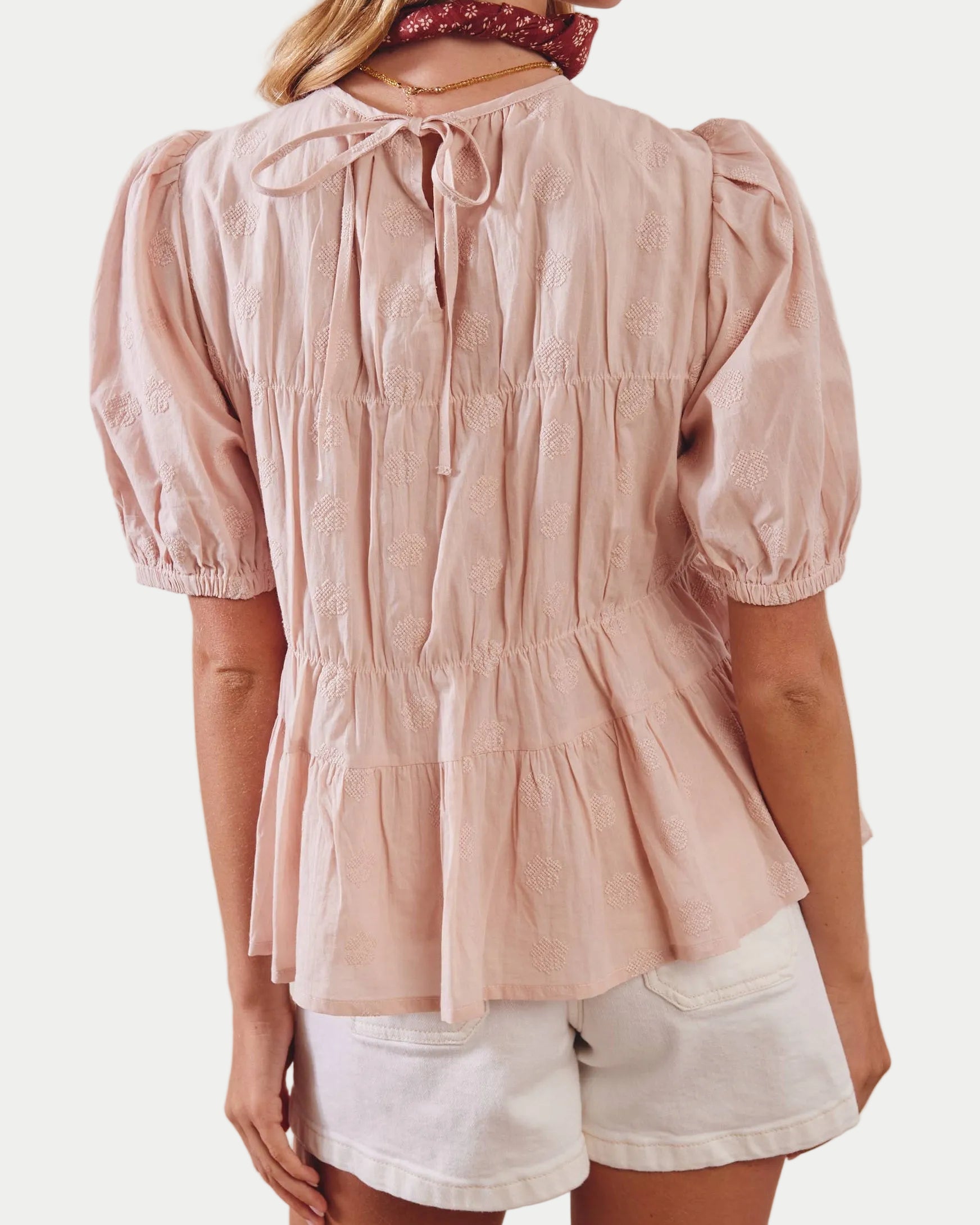 Embroidered Rose Peplum Blouse LT1458: Rose Latte / Contemporary / S - Blackbird Boutique