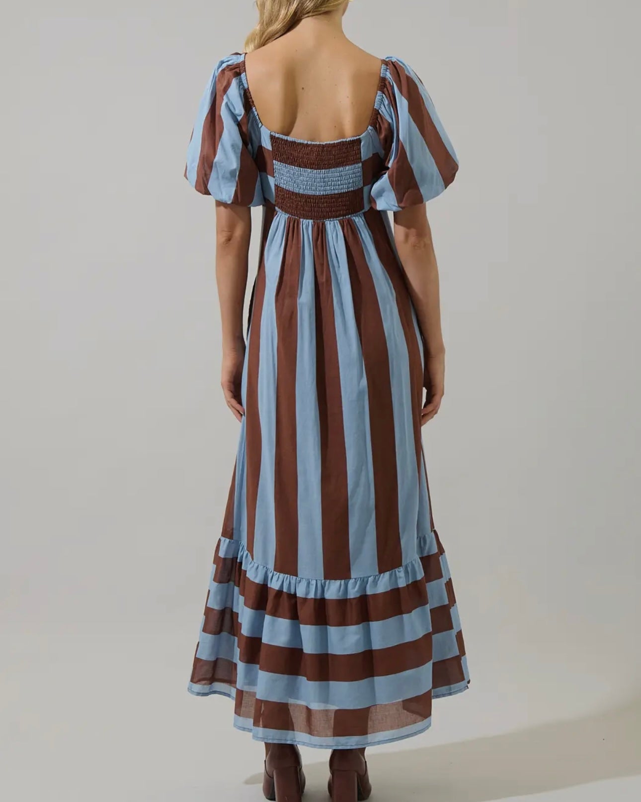 Evabelle Stripe Xena Puff Sleeve Maxi Dress - Blackbird Boutique