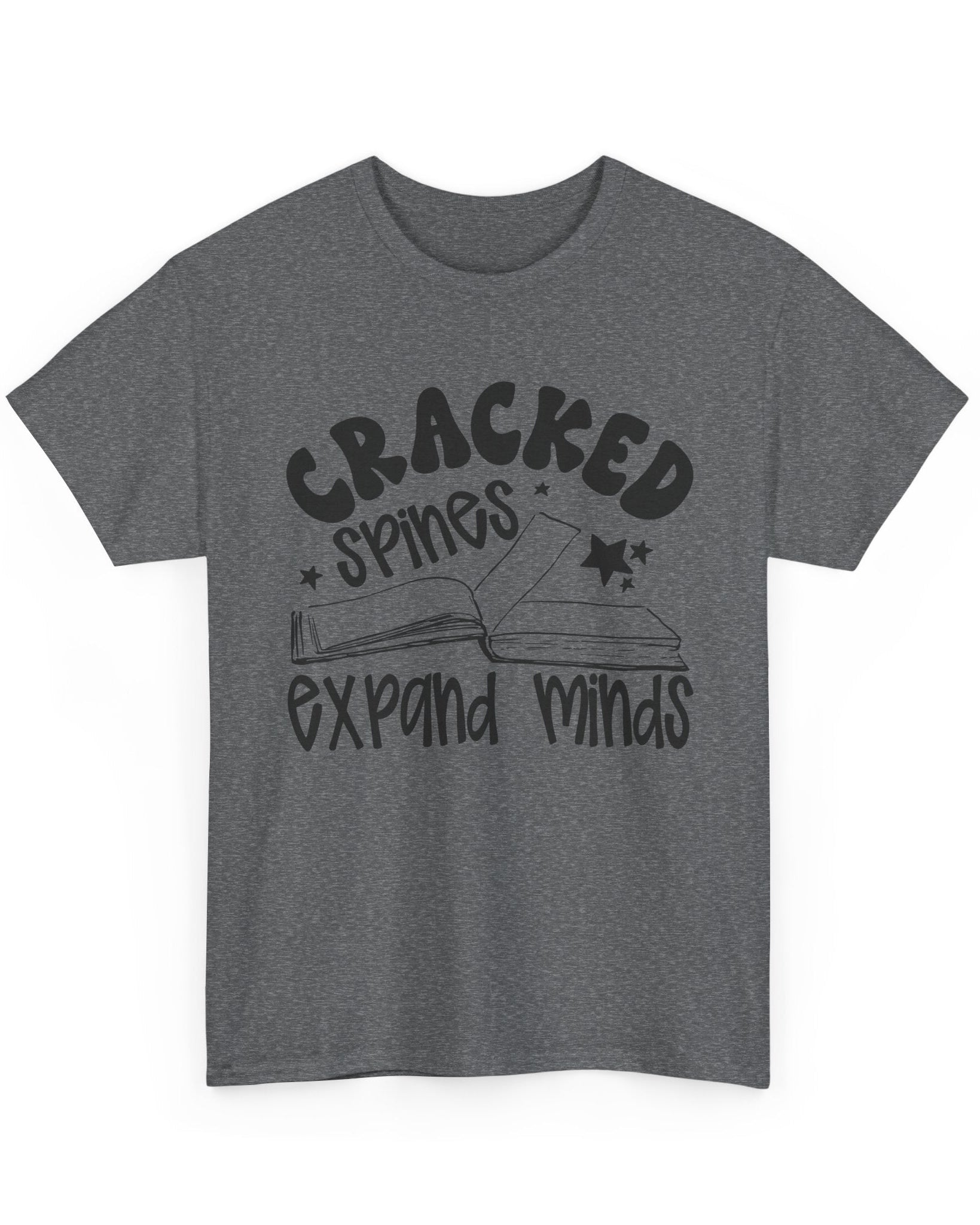 Gray t-shirt with black text 'Cracked Spines Expand Minds' on a white background