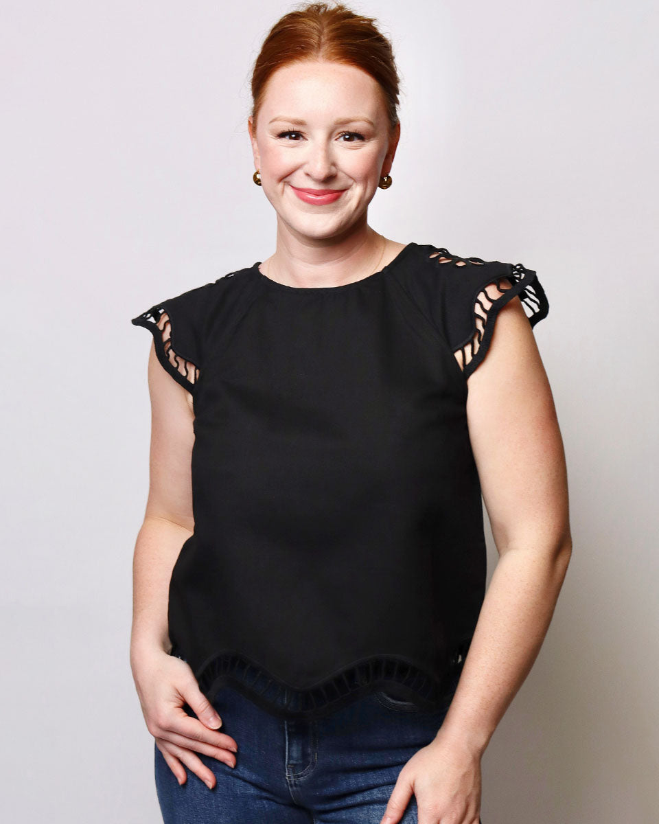 Emmy Embroidered Cut-Out Cap Sleeve Top in Black