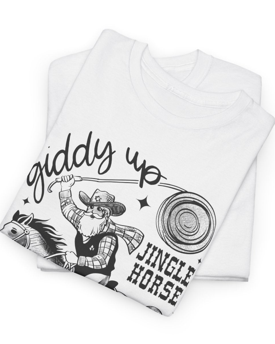 White t-shirt with black graphic design featuring a cowboy and text on a white background