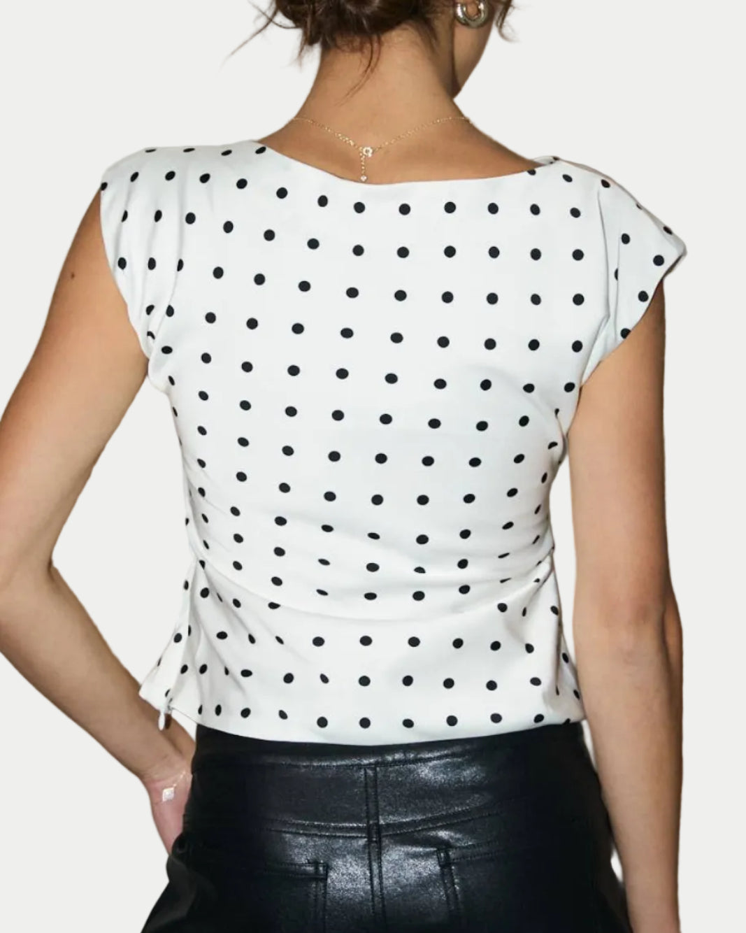 BOAT NECK PLEATED DETAIL SATIN TOP IN POLKA DOT - Blackbird Boutique