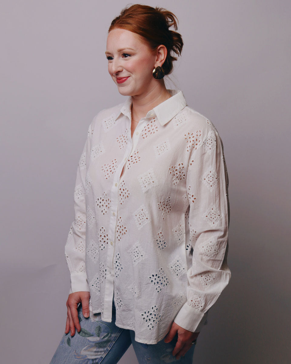 Judy Embroidered Motifs Eyelet Cutwork Button-Front Shirt