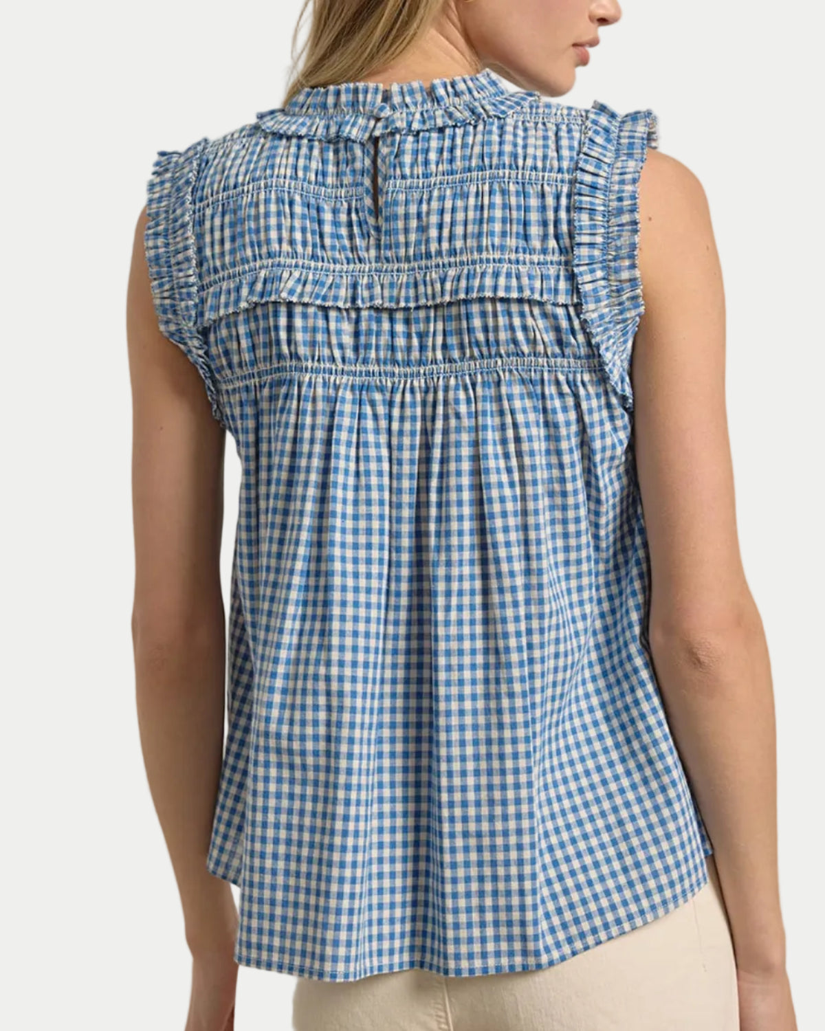 Blue GINGHAM RUFFLE BLOUSE on a model back view with a white background- Blackbird Boutique