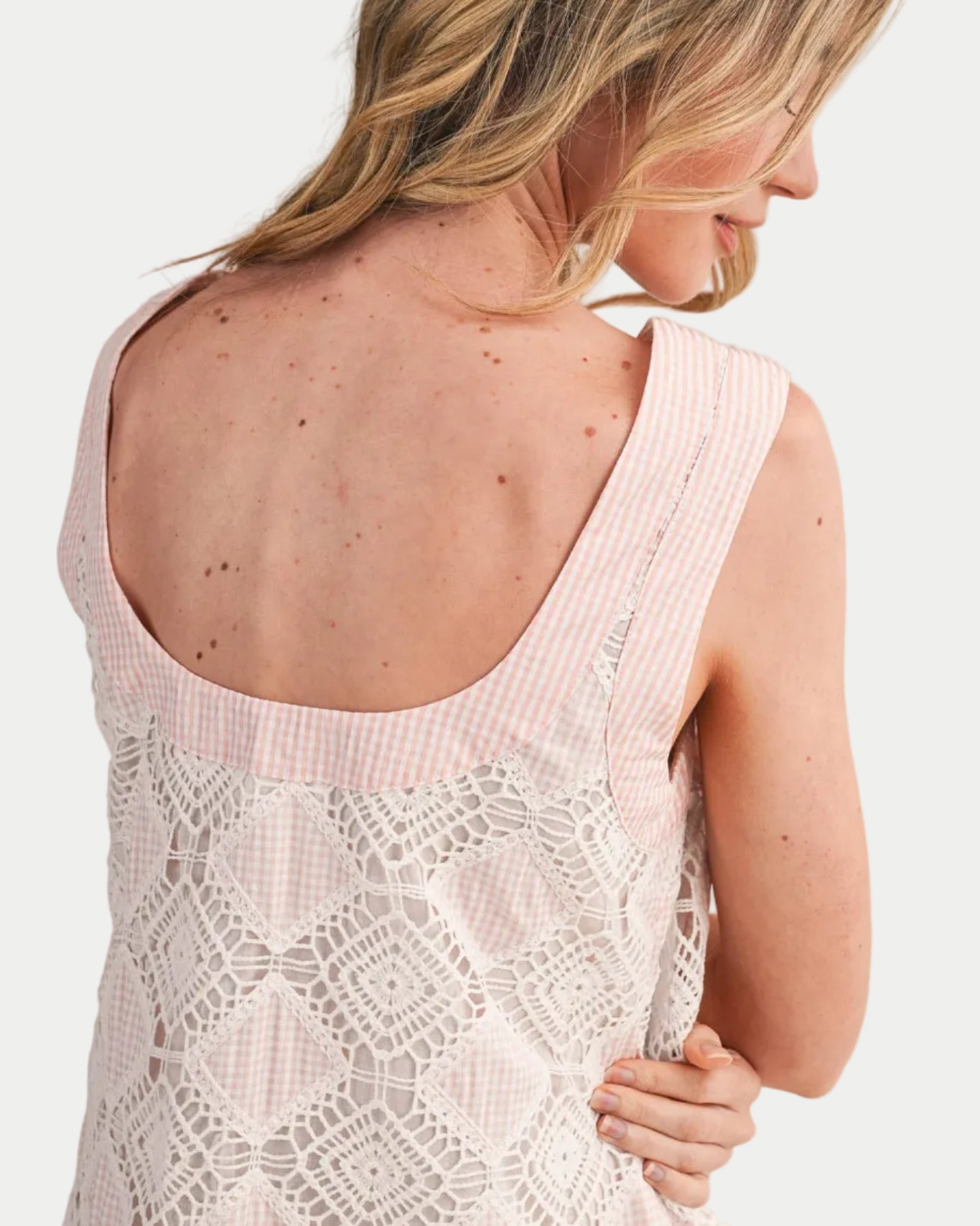 GINGHAM AND CROCHET SLEEVELESS MINI DRESS MDR4867 - Blackbird Boutique