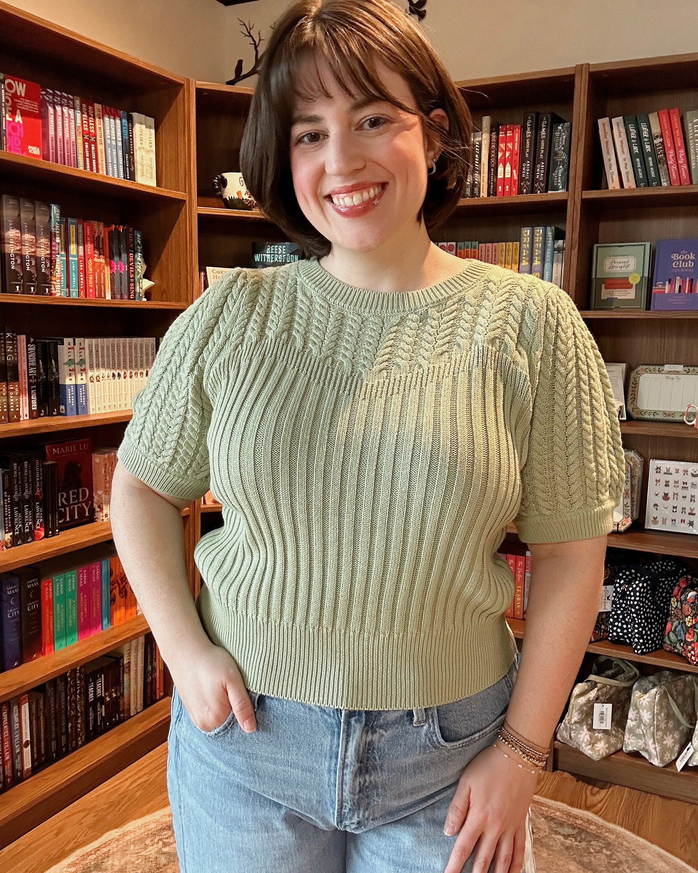 ROUND NECK PUFF SHORT SLEEVE CABLE SWEATER - Blackbird Boutique