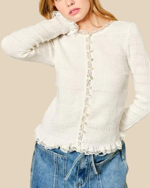 Smocked Button Down Top With Lace Edge