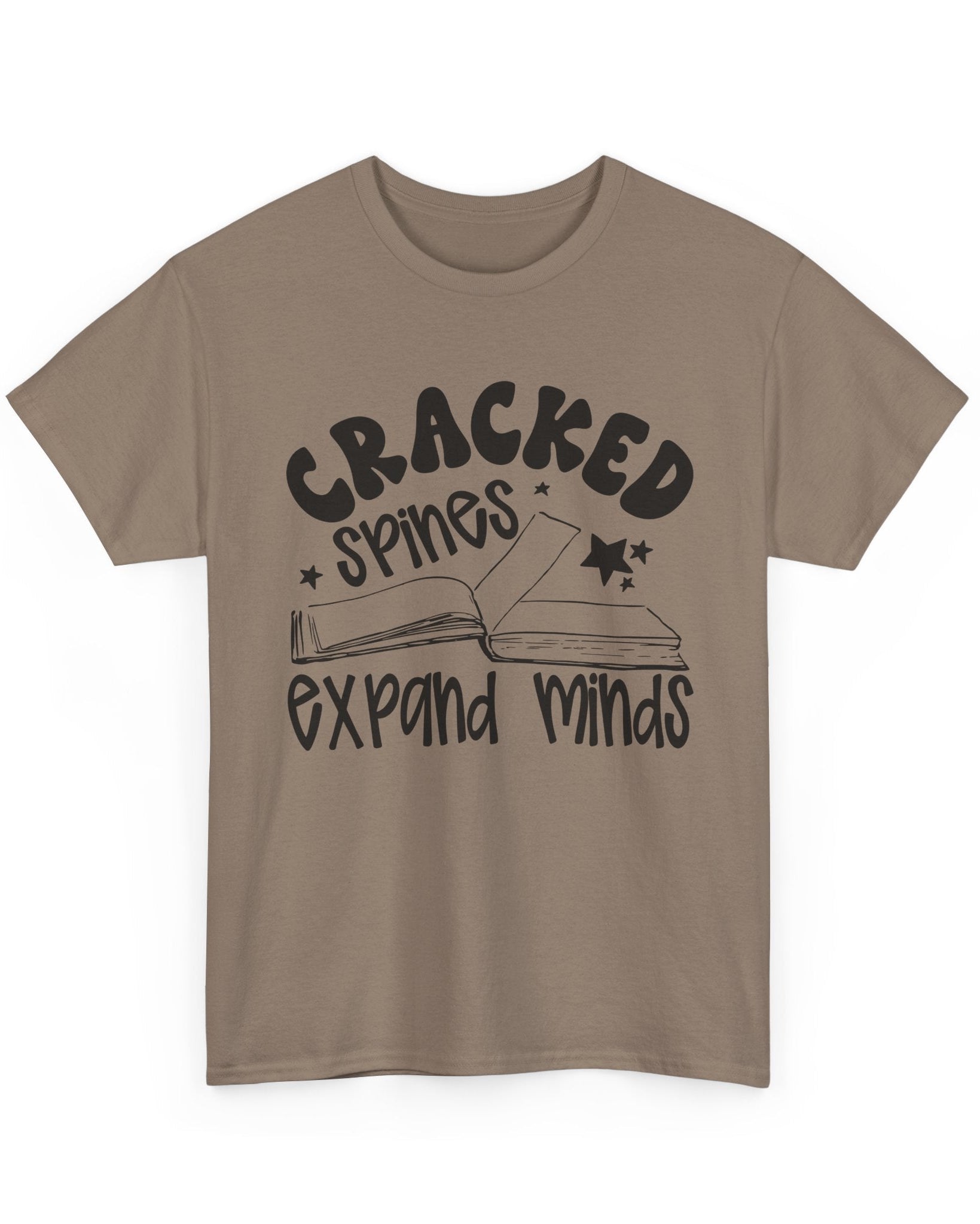 Brown t-shirt with black text and graphic on a white background