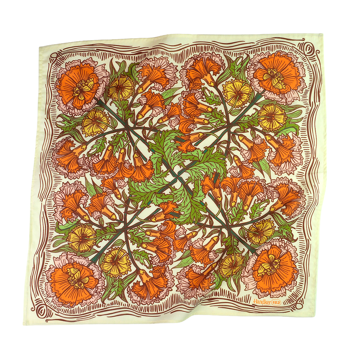 Floral patterned fabric with orange, green, and yellow flowers on a white background