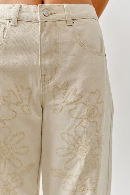 Embroidered Detail Cotton Barrel Pants in beige