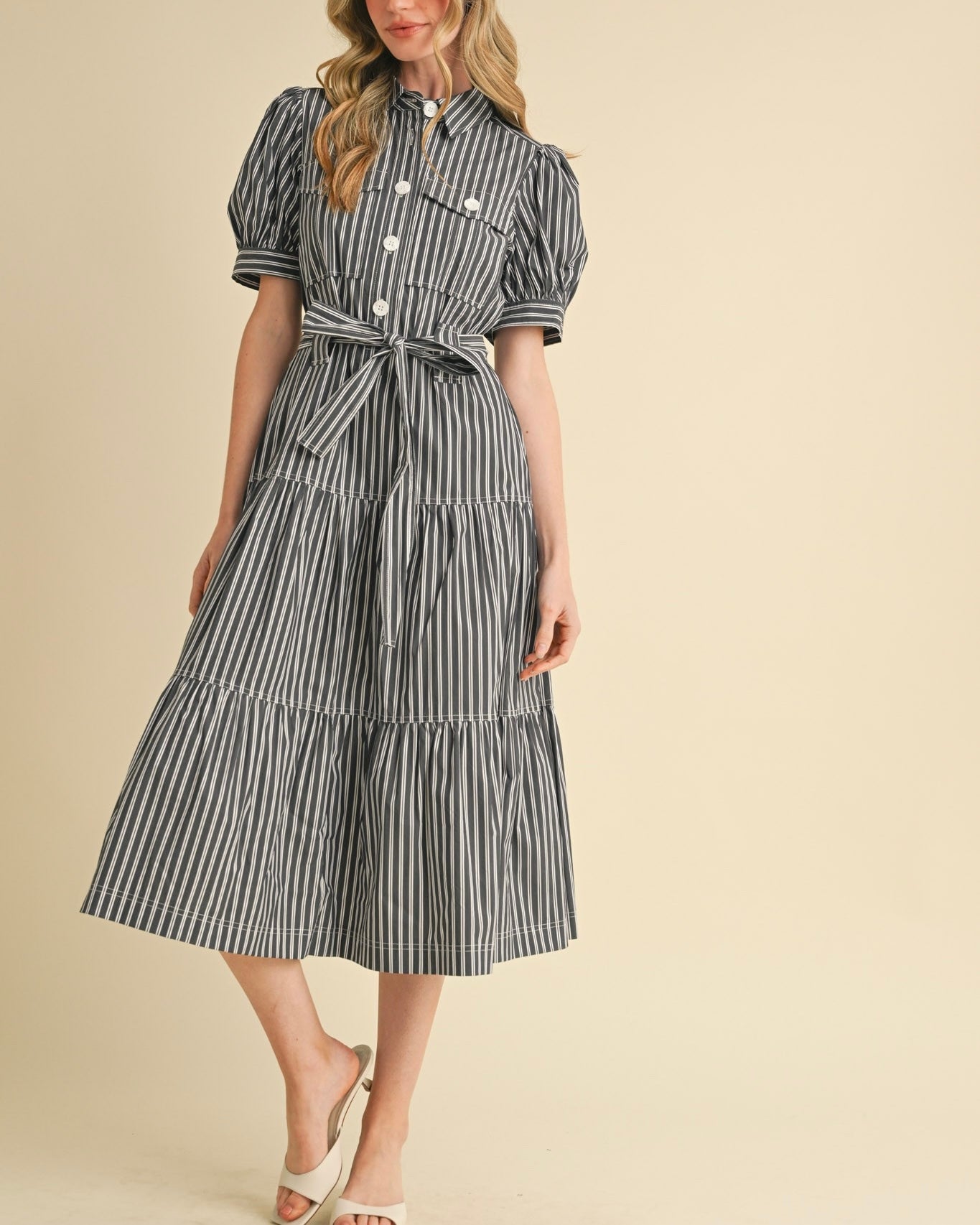 Striped Collared Button Down Midi Dress - Blackbird Boutique