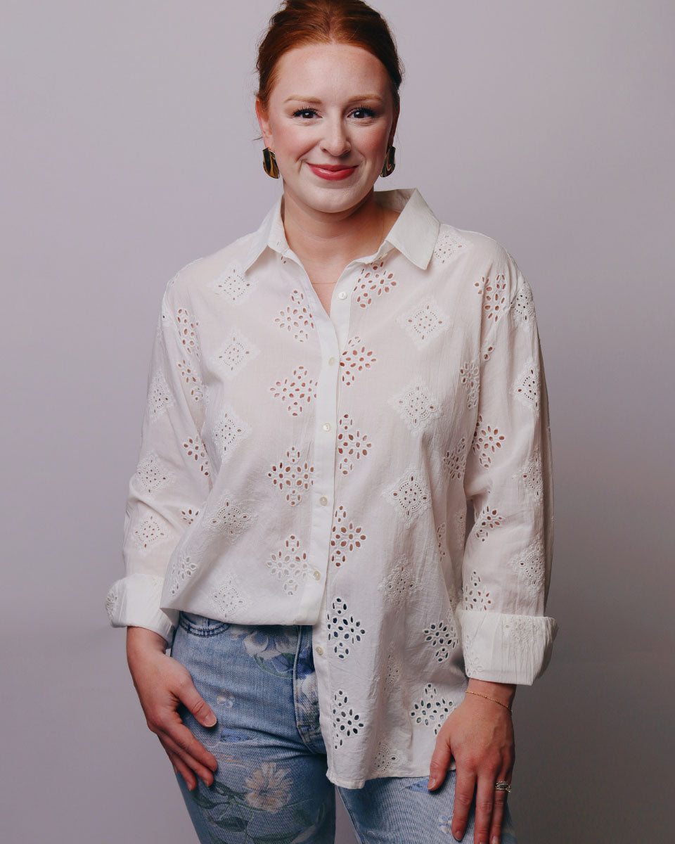 Judy Embroidered Motifs Eyelet Cutwork Button-Front Shirt